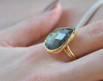 Natural Labradorite Ring, Teardrop Gemstone Ring, Gold Plated Adjustable Ring, Handmade Statement Jewelry, Gift for Her