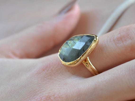 Natural Labradorite Ring, Teardrop Gemstone Ring, Gold Plated Adjustable Ring, Handmade Statement Jewelry, Gift for Her