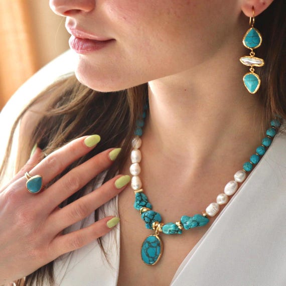 Turquoise Pearl Jewelry Set, Turquoise Necklace Earrings Ring Set Freshwater Pearl Turquoise Jewelry, Gold Statement Jewelry, Gift for Her