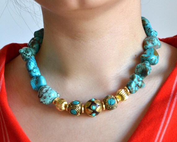 Turquoise Nugget Necklace, Ocean Inspired Boho Statement Jewelry, Adjustable Natural Stone Gift for Her