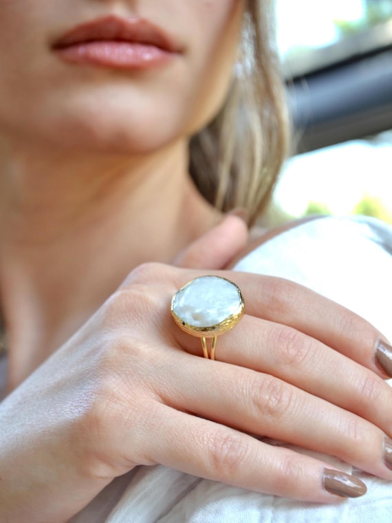 Adjustable Pearl Statement Ring, 22K Gold Plated Brass, Handmade Coin Pearl Jewelry, Elegant Gift for Her