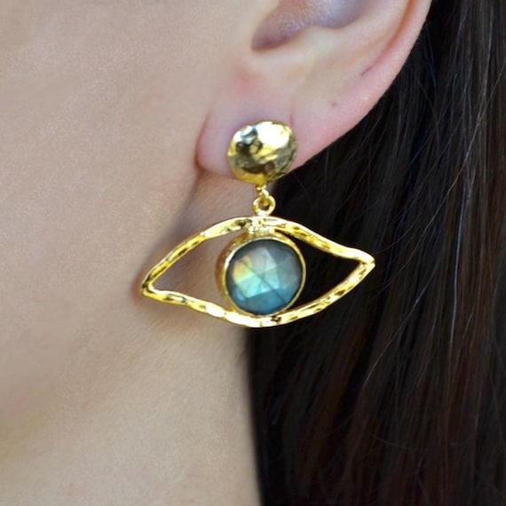 Gold Eye Shape Labradorite Drop Earrings, Statement Stone Dangle Earrings, Modern Boho Geometric Jewelry, Elegant Gift for Her