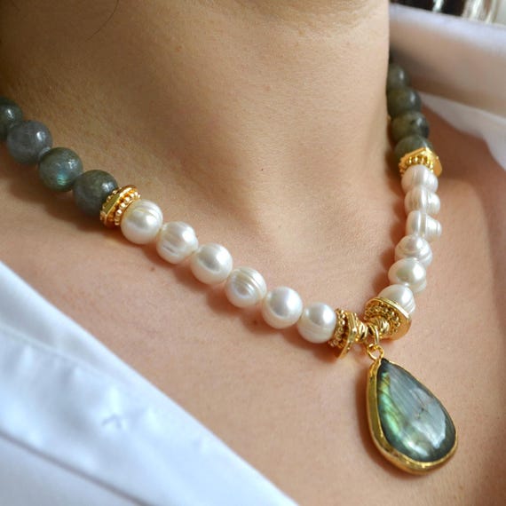 Labradorite Pearl Necklace Gold Pendant Necklace Natural Gemstone Necklace Teardrop Pendant Elegant Pearl Beaded Jewelry