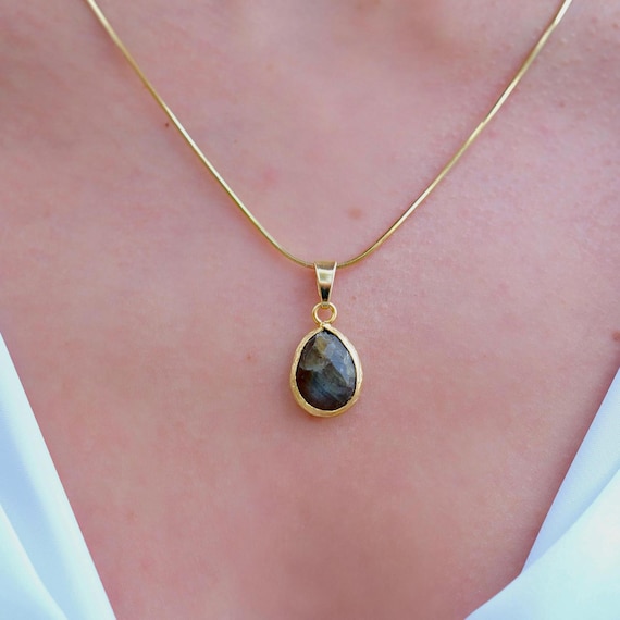 Labradorite Necklace Gold Pendant, Teardrop Gemstone Charm, Minimal Everyday Layering Jewelry, Dainty Gift for Her