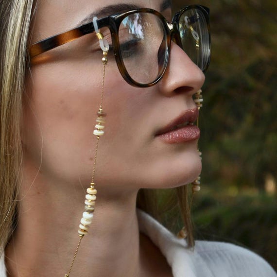 Shell Beaded Glasses Chain, Mother of Pearl Style Eyewear Holder, Gold Bead Sunglasses Strap, Neutral Accessory Gift for Her