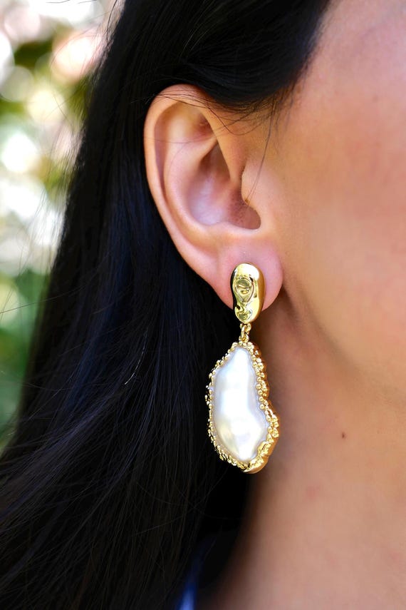 Gold and Pearl Earrings, Handmade 22K Gold Plated Jewelry, Bridal Pearl Earrings,  Wedding Jewelry Gift, Gift for Her