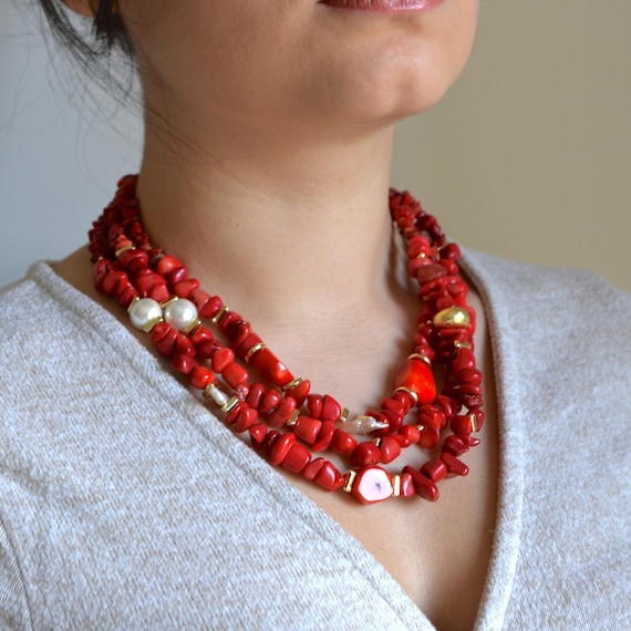 Red Coral Statement Necklace Chunky Coral Necklace Bold Red Gemstone Jewelry Coral Beaded Necklace Gift for Her