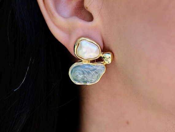 Gold Plated Mother of Pearl Drop Earrings, Blue Gemstone Jewelry, Statement Gift for Her