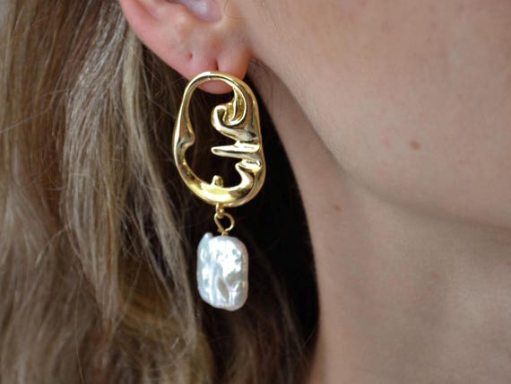 Baroque Pearl Drop Earrings, Abstract Face Earrings, Statement Art Jewelry ,Gift for Her
