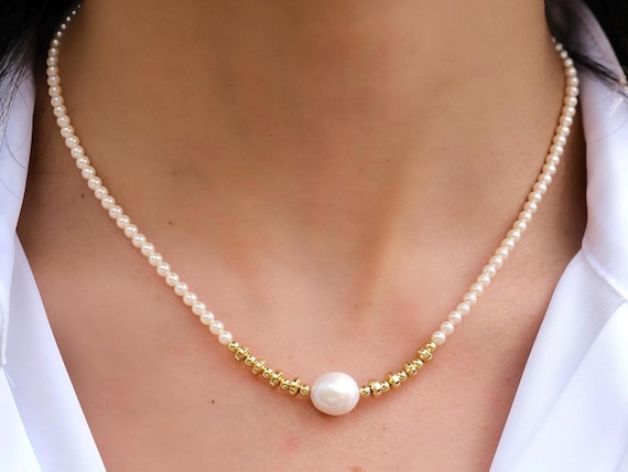 Elegant Pearl Choker Necklace, Baroque Pearl & Gold Bead Necklace, Dainty Bridal Jewelry, Minimalist Pearl Necklace, Gift for Her