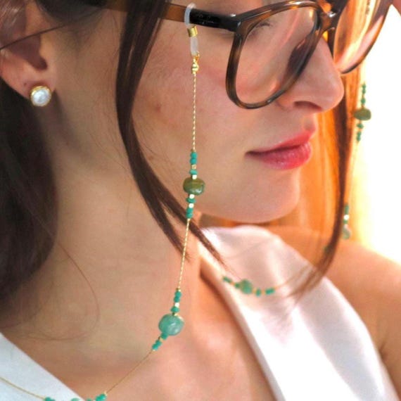 Green Beaded Glasses Chain, Gold Eyewear Holder Necklace, Handmade Beaded Accessory