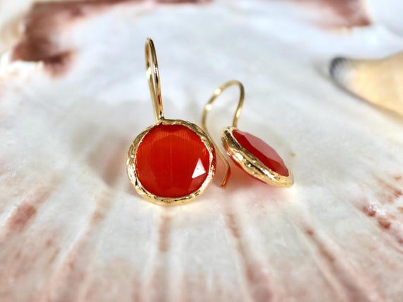 Red Agate Dangle Earrings, Gold Plated Holiday Jewelry, Christmas Gift for Her, Adjustable Ring Option