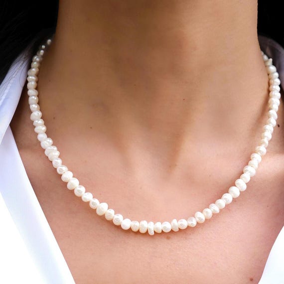 Dainty Freshwater Pearl Necklace, Handmade 22K Gold Plated Minimalist Bridal Jewelry