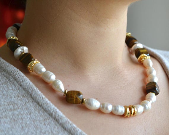 Tiger Eye Pearl Necklace for Women, Baroque Freshwater Pearl Choker, Natural Gemstone Beaded Necklace, Gold Statement Jewelry