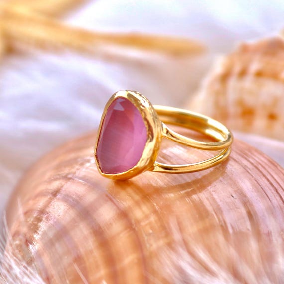 22K Gold Plated Rose Quartz Ring, Adjustable Boho Jewelry, Dainty Pink Crystal Ring Gift for Her