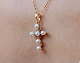 Pearl Cross Necklace, Dainty Gold Cross Pendant, Freshwater Pearl Necklace, Minimalist Christian Jewelry, Bridal Pearl Necklace Gift for Her