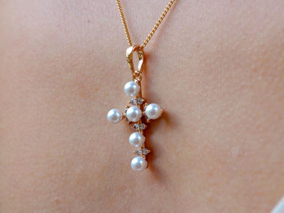 Gold Plated Pearl Cross Necklace, CZ Crystal Pendant, Dainty Religious Jewelry Gift