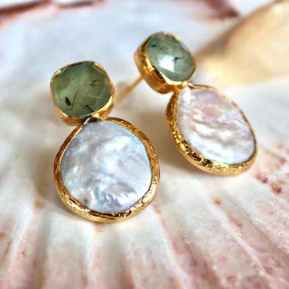 Prehnite Pearl Stud Earrings, Natural Green Gemstone Earrings, Freshwater Pearl Gold Earrings, Dainty Bridal Jewelry Gift