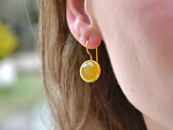 Honey Yellow Gemstone Dangle Earrings, Gold Plated Brass Boho Jewelry