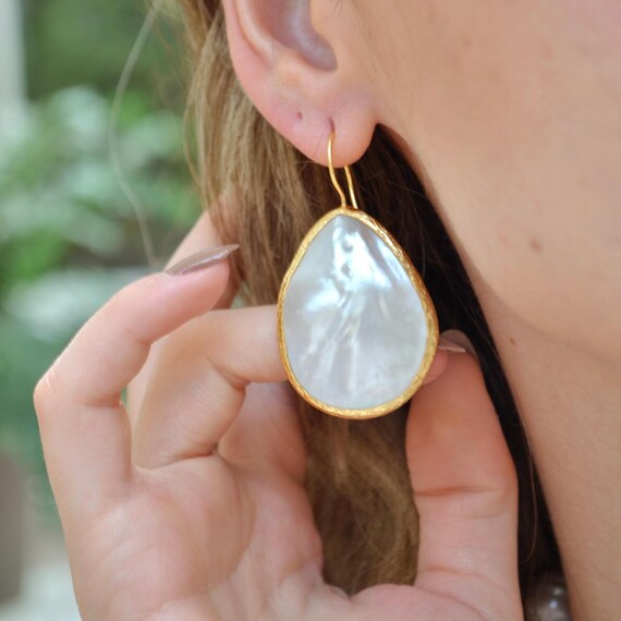 Mother of Pearl Drop Earrings, Gold Plated Statement Dangle Jewelry, Handmade Teardrop Shell Earrings Gift for Her