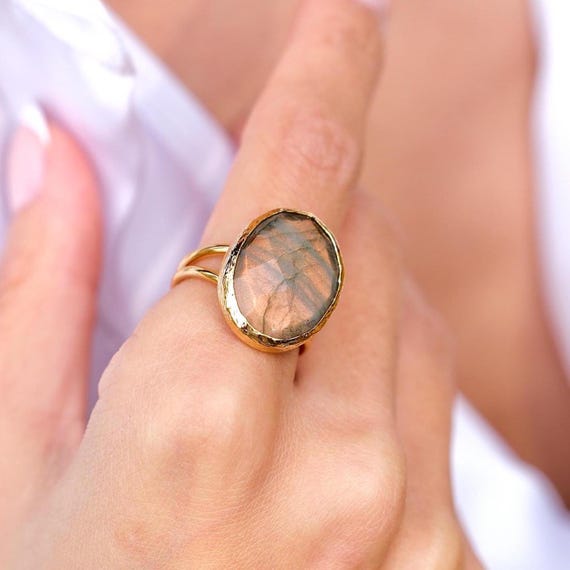 Labradorite Ring: Handmade Adjustable 22K Gold Plated Boho Statement Jewelry, Healing Gemstone Ring
