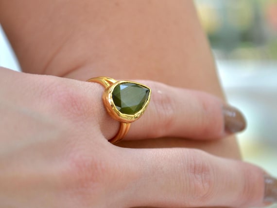 Green Teardrop Gemstone Ring, Gold Plated Brass Adjustable Boho Statement Jewelry Gift for Her