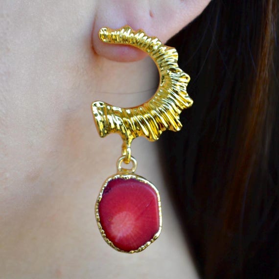 Red Coral Drop Earrings, Gold Crescent Hoop Dangles, Statement Gemstone Jewelry, Bold Boho Luxury Gift for Her