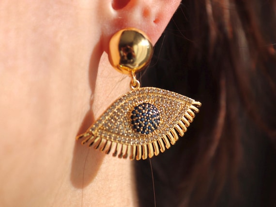 Evil Eye Earrings, Statement Earrings, Gold Dangle Earrings, Protection Jewelry, Nazar Earrings, Handmade Drop Earrings, Gift for Her