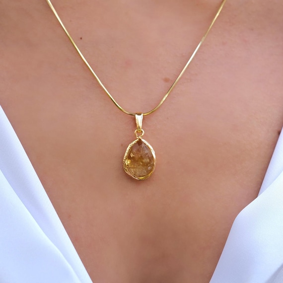 Citrine Necklace: Handmade Minimalist 22K Gold Plated Pendant, November Birthstone Jewelry