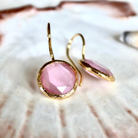Rose Quartz Dangle Earrings, 22K Gold Plated Handmade Jewelry, Elegant Pink Gemstone Gift for Her