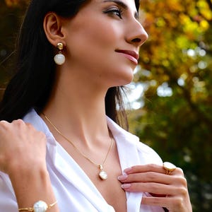 Gold Plated Pearl Jewelry Set - Handmade Baroque Pearl Necklace, Earrings, Bracelet & Ring - Timeless Elegant Gift, Gift for her