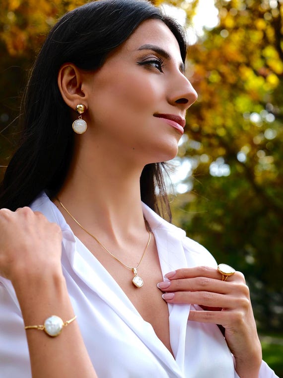 Gold Plated Pearl Jewelry Set - Handmade Baroque Pearl Necklace, Earrings, Bracelet & Ring - Timeless Elegant Gift, Gift for her