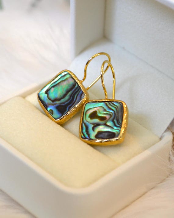 Abalone Shell Dangle Earrings, Square Shape, Gold Plated Minimal Statement Jewelry, Handmade Gift