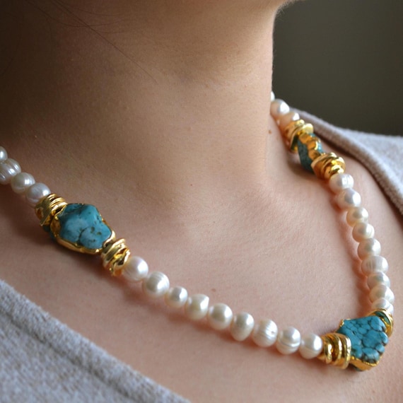 Turquoise Baroque Pearl Necklace Gold Statement Jewelry Boho Turquoise Pearl Necklace Natural Stone Necklace Beach Wedding Summer Jewelry