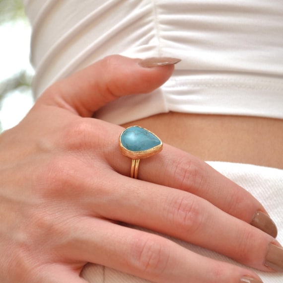 22K Gold Plated Turquoise Ring, Adjustable Gemstone Jewelry, Handmade Boho Gift