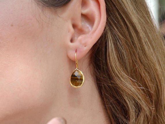 Tiger’s Eye Teardrop Earrings, 22K Gold Plated Gemstone Jewelry, Handmade Boho Dangle Design