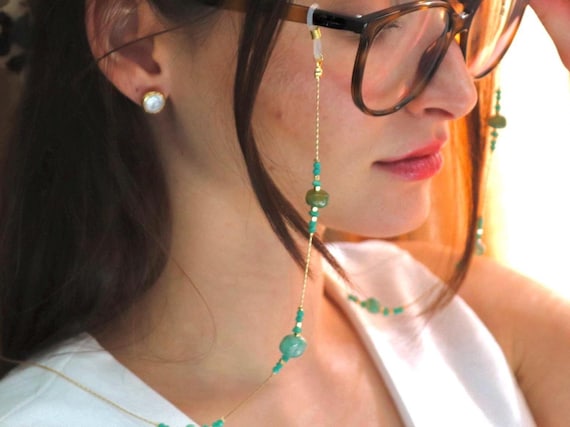 Gold Green Beaded Eyeglass Chain – Elegant Handmade Glass Bead Glasses Holder, Sunglass Chain for Women, Gift for Her
