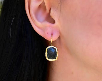 Labradorite Drop Earrings, Gold Plated Dangle Earrings, Natural Stone Earrings, Minimalist Boho Jewelry, Elegant Gift for Her
