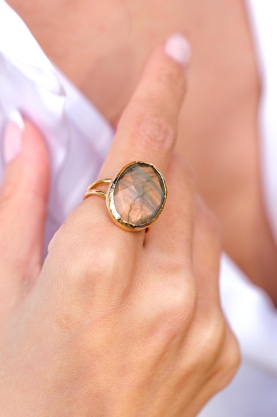 Labradorite Ring,Boho Statement Ring , Gold Plated Adjustable Ring,Unique Gift for Her,Handmade Gemstone Ring, Fine Jewelry