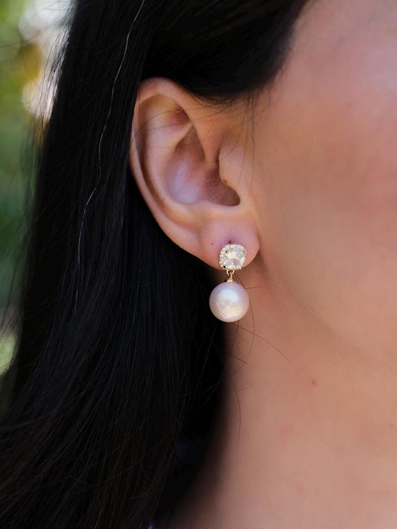22K Gold Plated Pink Pearl and Diamond Earrings, Pink Pearl Drop Earring,Luxury Wedding Earrings , Diamond Bridal Earrings, Gift for Her