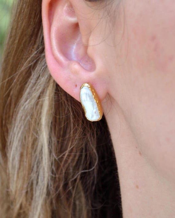 Gold Plated Freshwater Pearl Stud Earrings, Minimalist Everyday Jewelry Gift for Her