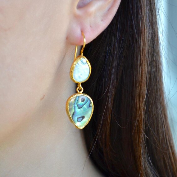 Abalone Shell & Pearl Teardrop Earrings, Ocean Inspired Gold Jewelry, Handmade Gift for Her, Beach Wedding Style