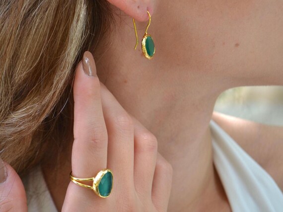 Green Onyx Earrings and Adjustable Ring, Gold Plated Minimalist Jewelry , Gift for Her
