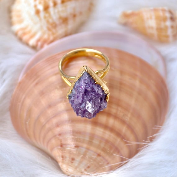 Raw Amethyst Adjustable Ring, Handmade Natural Crystal Gold Plated Statement Jewelry, Boho Gemstone Gift for Her