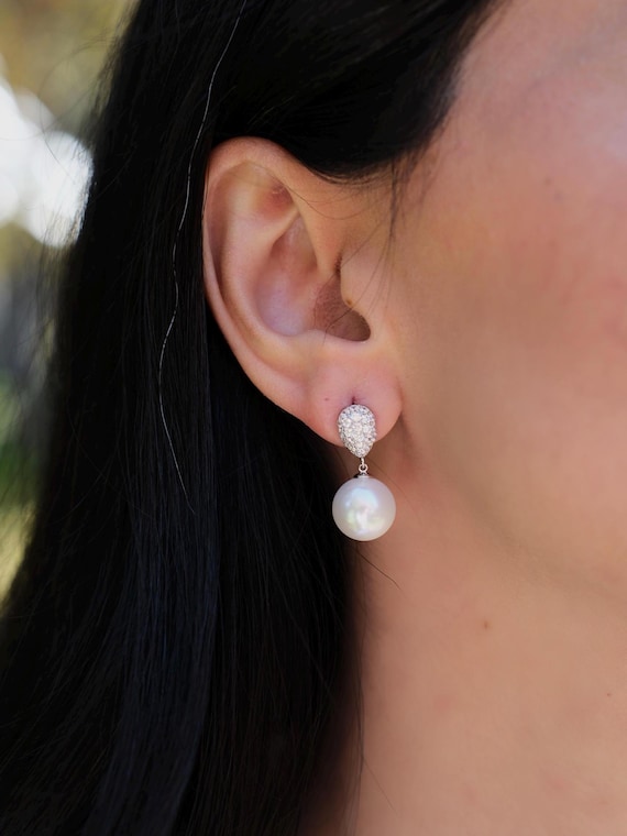 22K Gold Plated Pearl and Diamond Earrings ,Elegant Bridal Jewelry,Elegant Pearl Wedding Earrings, Earrings for Bridesmaids,Pearl Jewelry