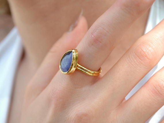 Blue Chalcedony Teardrop Ring, 22K Gold Plated Adjustable Gemstone Jewelry, Elegant Boho Gift for Her