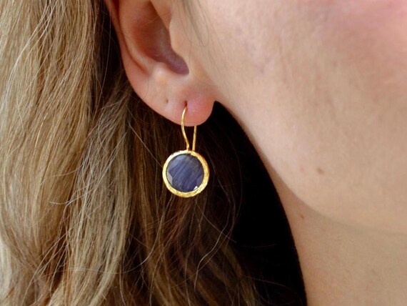 Blue Gemstone Drop Earrings, 22K Gold Plated Round Faceted Dangle Jewelry, Elegant Boho Gift for Her
