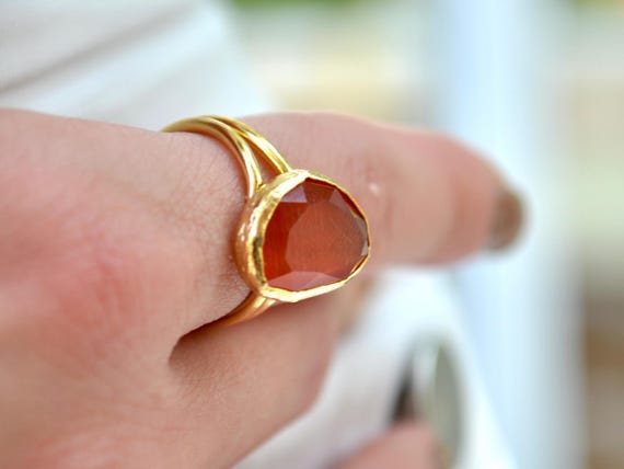 Red Agate Adjustable Ring, Gold Plated Statement Jewelry, Christmas Gift for Her,  Bold Red Stone
