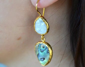Abalone Shell Earrings, Teardrop Dangle Earrings, Ocean Inspired Gold Earrings, Iridescent Shell Jewelry, Statement Boho Earrings