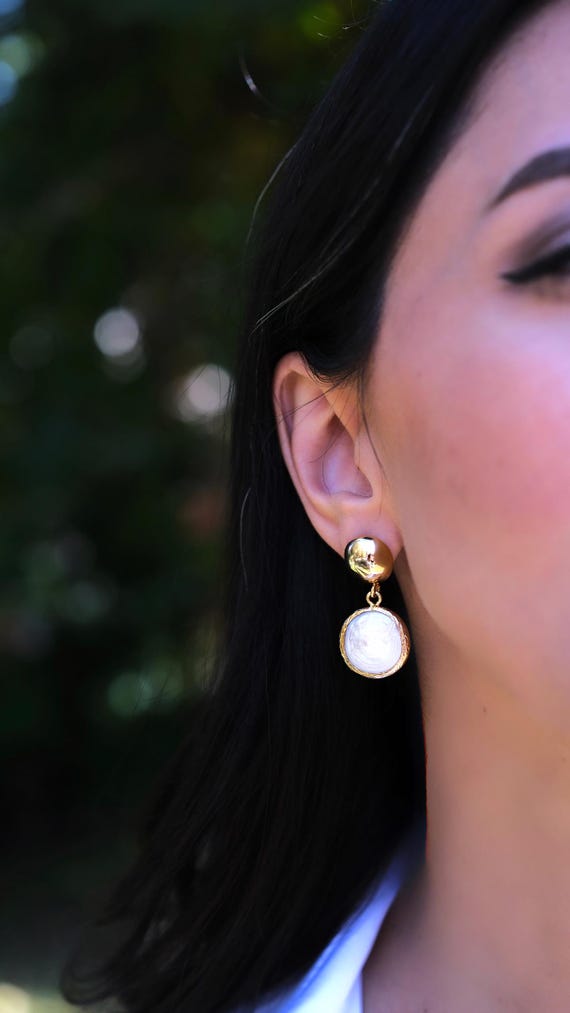 Coin Pearl Earrings,Pearl Gold Earrings, Real Baroque Pearl, Elegant Earrings, Bridal Jewelry, Mother's Day Gift, Gift for Her